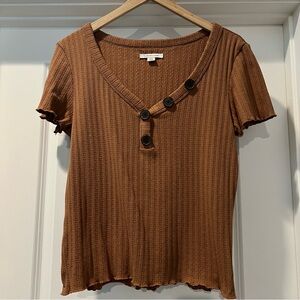 American Eagle Brown Ribbed Button V-Neck Top Size Large